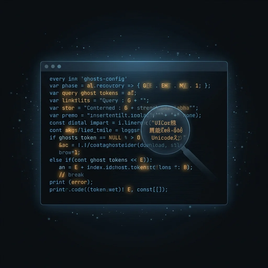 Forensic terminal showing hidden Unicode ghost tokens revealed by magnifying glass